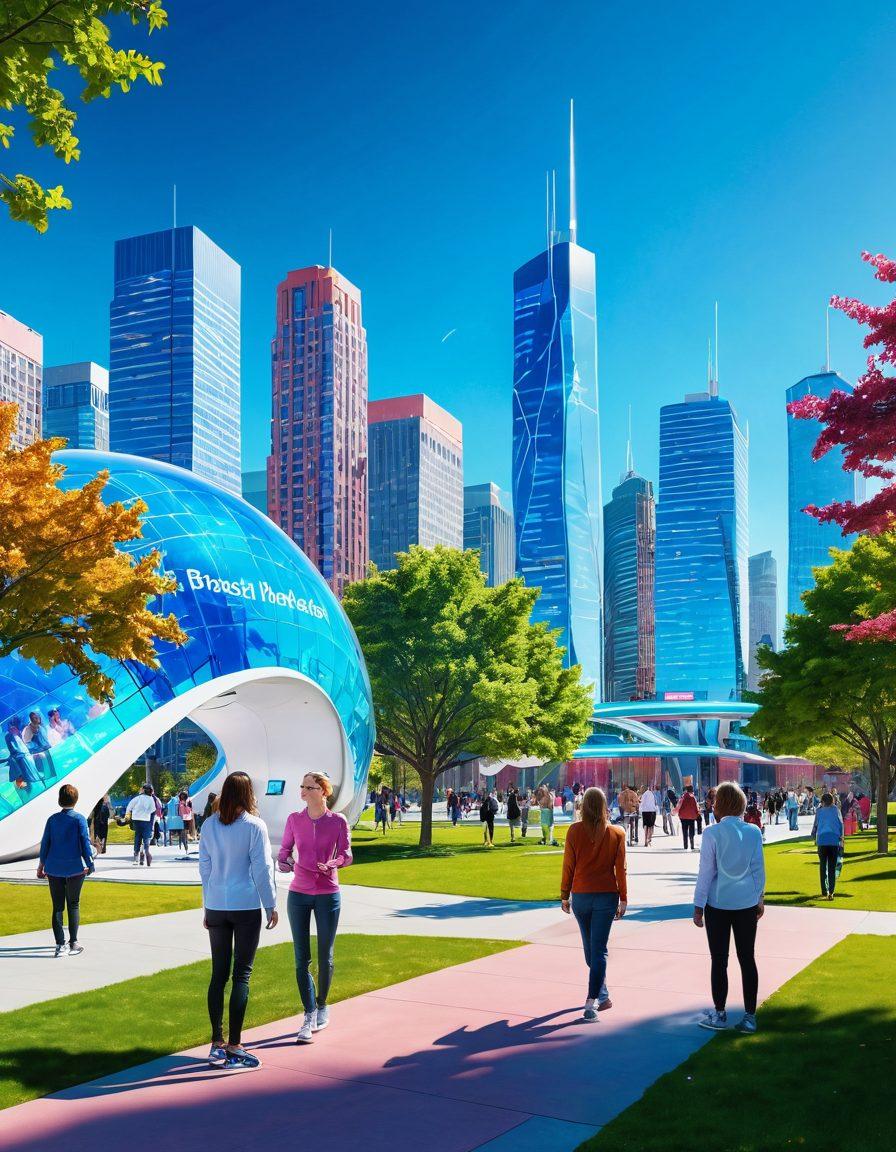 A futuristic cityscape showcasing advanced healthcare technologies related to breast health, with people engaging in wellness activities in parks. In the foreground, a holographic display illustrates innovative medical devices. Bright, vibrant colors and a clear blue sky create an optimistic atmosphere reflecting community support. super-realistic. vibrant colors. 3D.