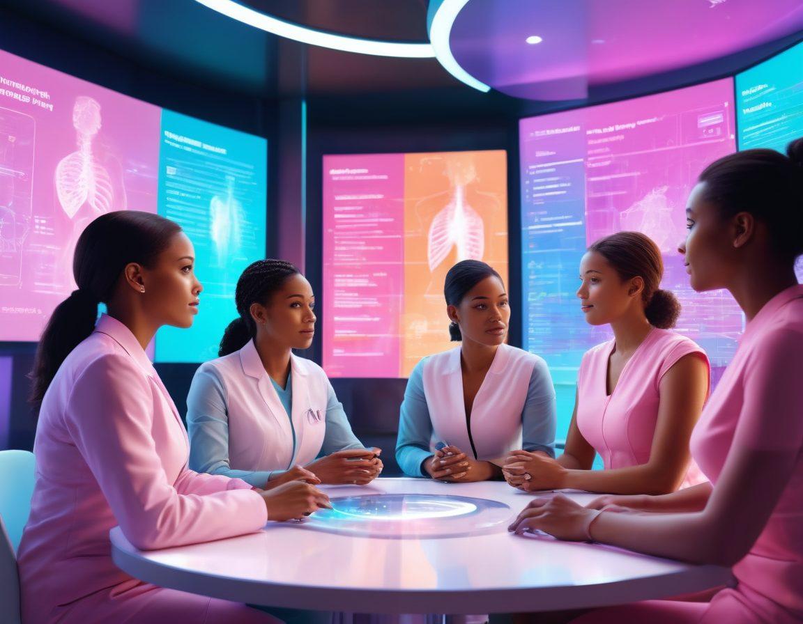 A futuristic scene showcasing a diverse group of women engaged in discussions about breast health, surrounded by vibrant holographic displays of information and data. The background features a modern healthcare facility with advanced technology and a supportive community atmosphere. The color palette is bright and inviting, with elements symbolizing growth and knowledge. super-realistic. vibrant colors. 3D.
