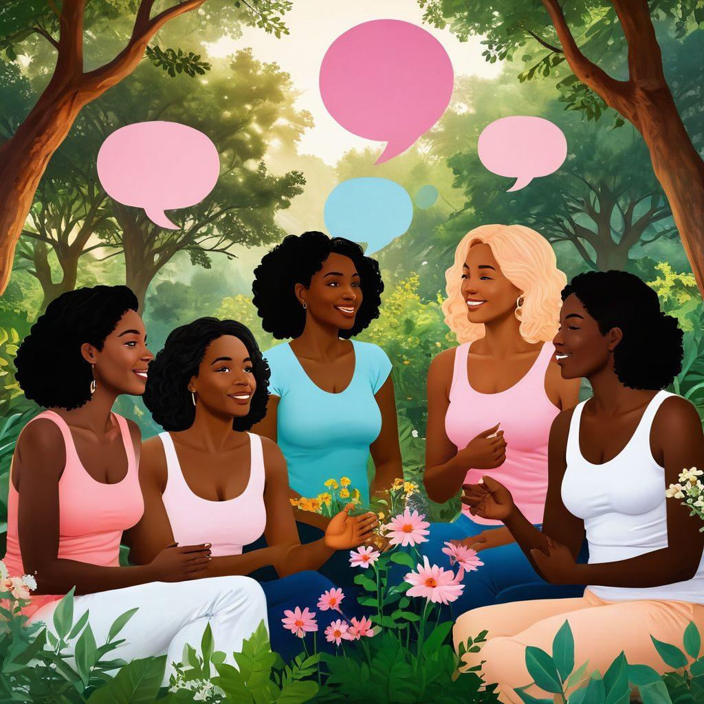 A diverse group of women engaged in a lively discussion about breast health, surrounded by nature, symbolizing growth and connection. Include visual elements like speech bubbles filled with ideas and statistics, intertwined with flowers representing support and empowerment. Soft, warm lighting to create an inviting atmosphere. super-realistic. vibrant colors.